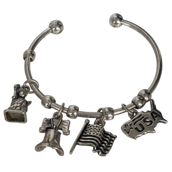 Patriotic Charm Bracelet Cuff Liberty Bell Flag Statue of Liberty American Flag - Picture 1 of 7